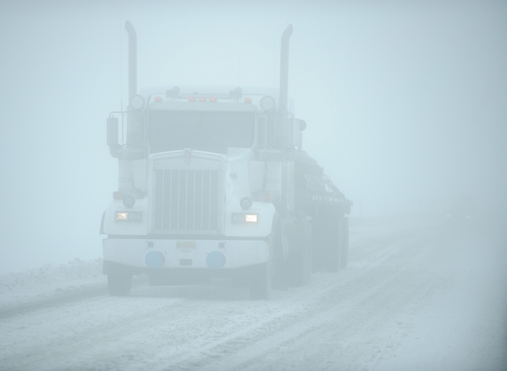 Truck on winter road. winter truck driving tips