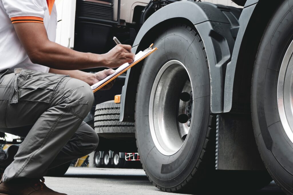 checking tire pressure for a semi-truck