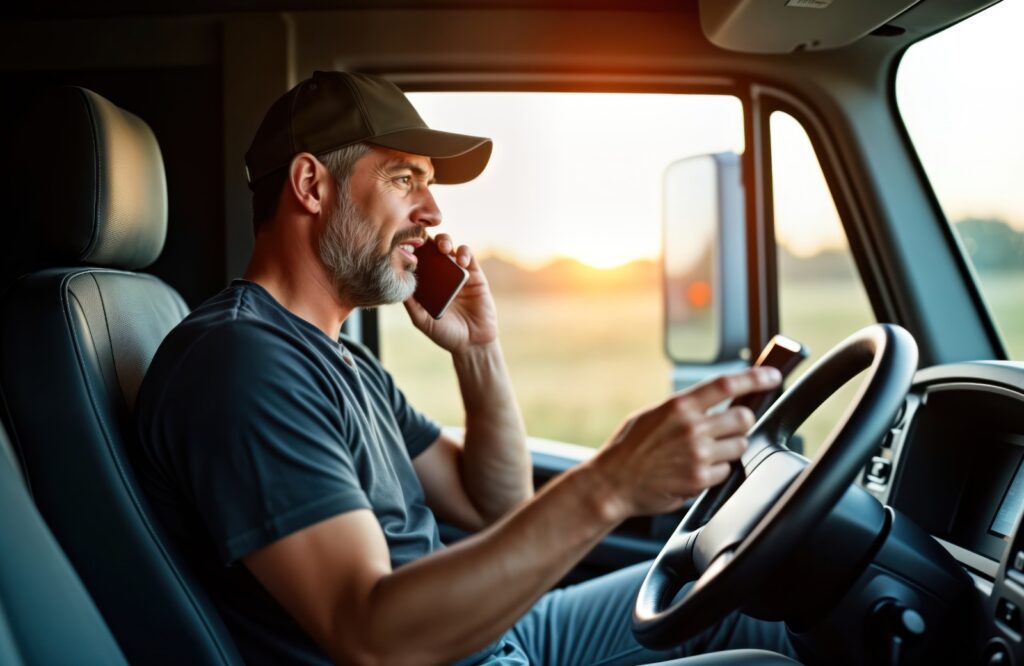 semi-truck driver talking on the phone