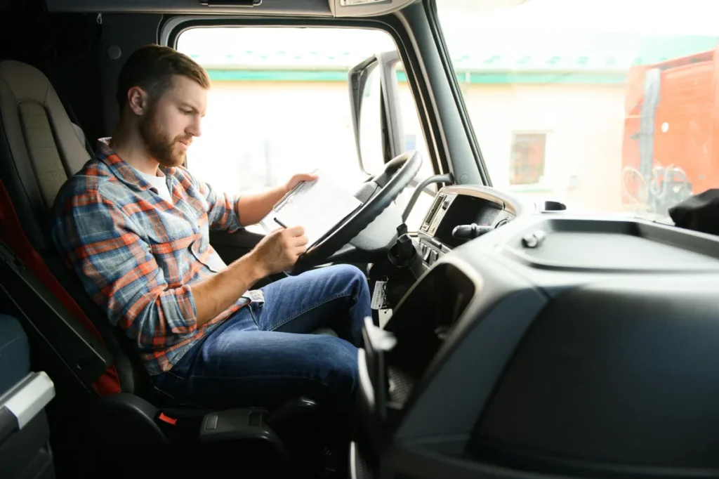 Side view of professional driver behind the wheel in truck's cabin (1)